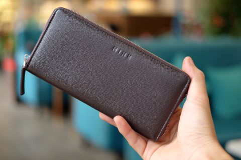  ELI- Ví Unisex da bò thật khóa kéo màu nâu HT89-202 