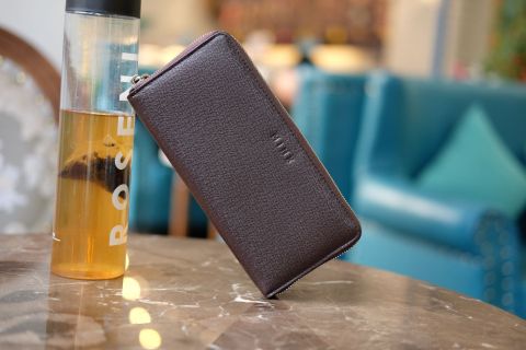  ELI- Ví Unisex da bò thật khóa kéo màu nâu HT89-202 