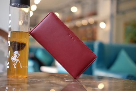  ELI- Ví Unisex da bò thật khóa kéo màu đỏ HT89-34 