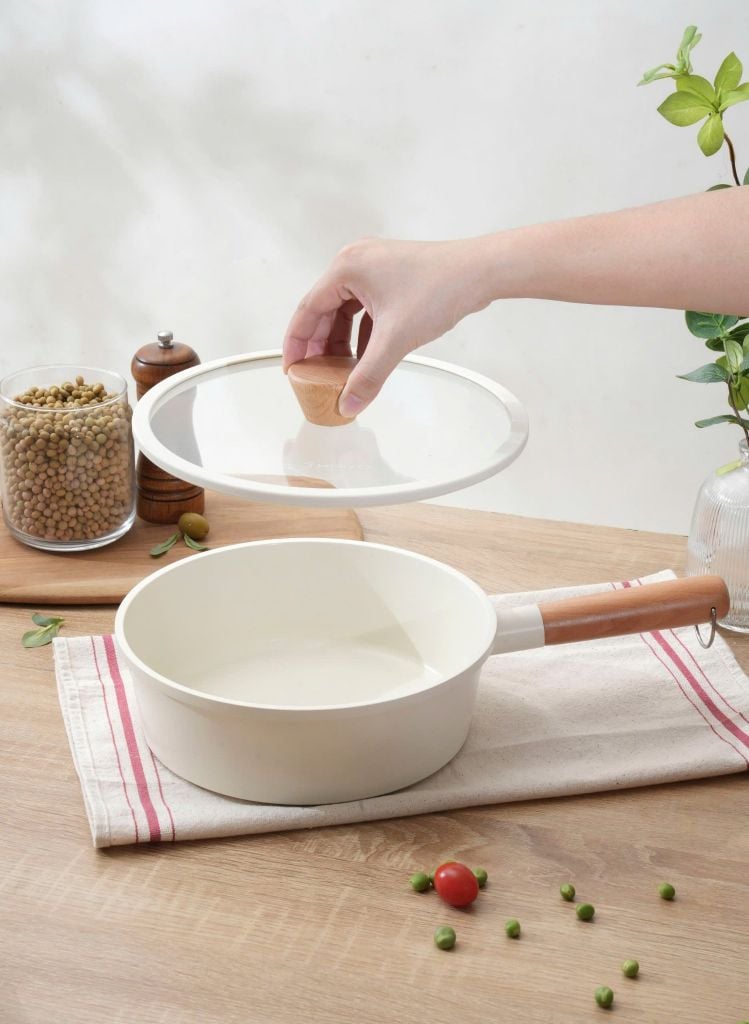 Chảo nhôm đúc nguyên khối thành cao Elegant Kaiyo 18cm kèm vung kính (đáy từ)