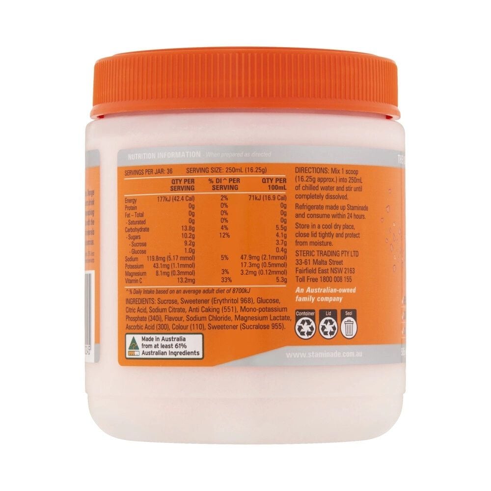 Đường thể thao vị cam hỗ trợ tăng năng lượng Staminade Hydrate Orange Reduced Sugar 25% Powder của Úc 585g