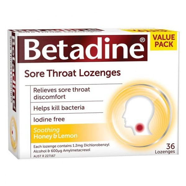 Viên ngậm vị mật ong chanh Betadine Sore Throat Lozenges của Úc 36 viên