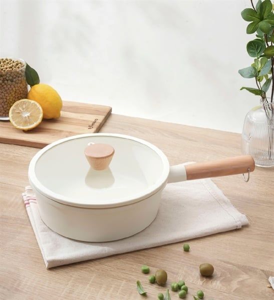 Chảo nhôm đúc nguyên khối thành cao Elegant Kaiyo 18cm kèm vung kính (đáy từ)