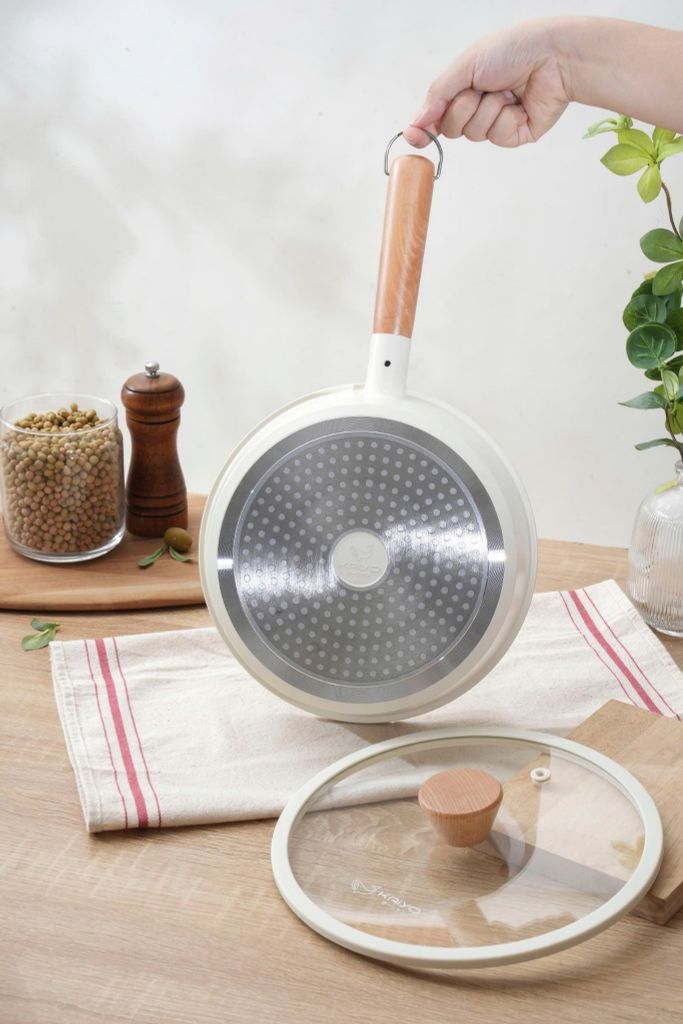 Chảo nhôm đúc nguyên khối thành cao Elegant Kaiyo 18cm kèm vung kính (đáy từ)