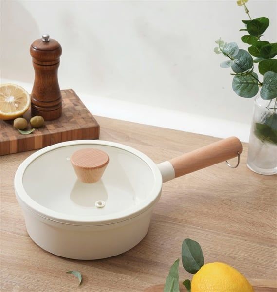 Chảo nhôm đúc nguyên khối thành cao Elegant Kaiyo 18cm kèm vung kính (đáy từ)
