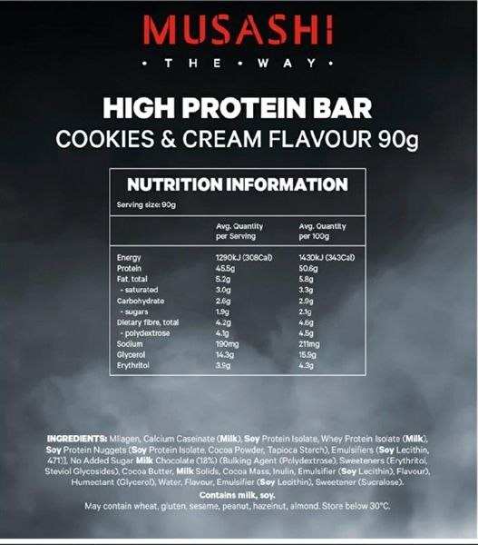 Bánh protein năng lượng cao Musashi High Protein Bar Cookies And Cream 90g