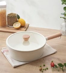 Chảo nhôm đúc nguyên khối thành cao Elegant Kaiyo 18cm kèm vung kính (đáy từ)
