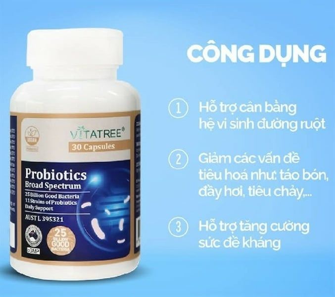 Men Vi Sinh Bổ Sung Lợi Khuẩn Vitatree Probiotic Broad Spectrum lọ 30 Viên Date 12/2025