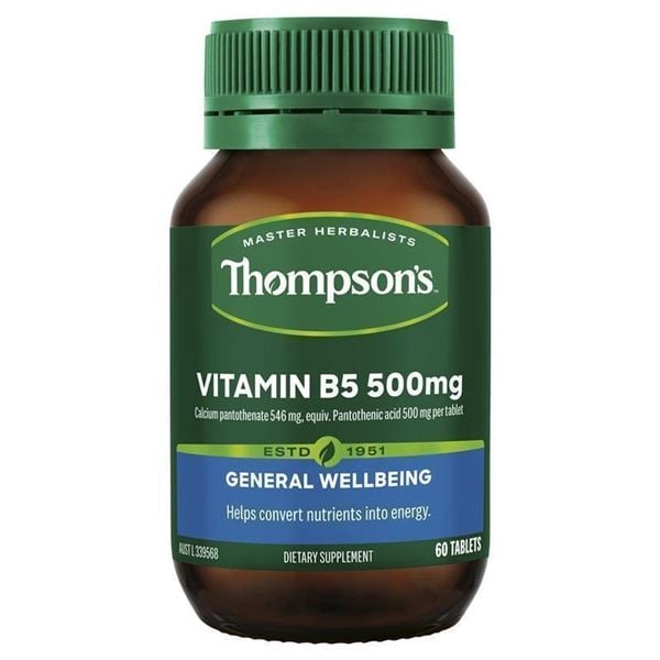 Viên Uống Bổ Sung Vitamin B5 Hỗ Trợ Giảm Căng Thẳng Thompson's B5 Pantothenic Acid 500mg Lọ 60 Viên