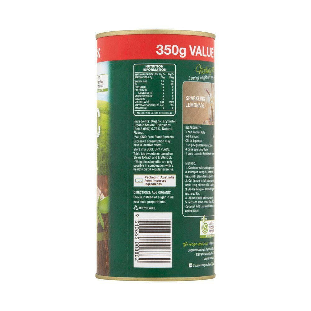 Đường cỏ ngọt ăn kiêng hữu cơ Úc Earthia Stevia 100% Organic Sweetener 350g