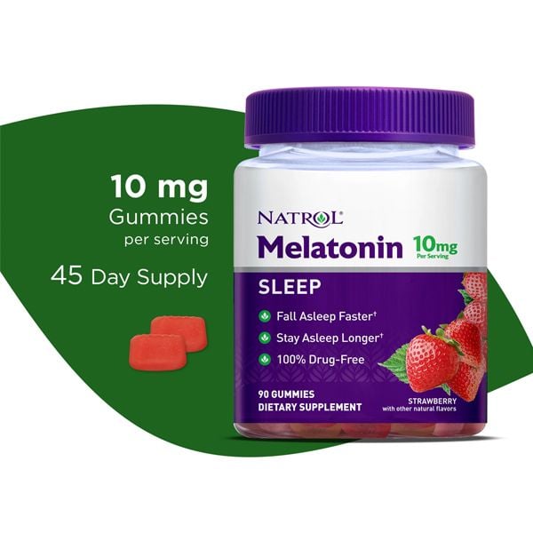 Kẹo dẻo vị dâu hỗ trợ ngủ ngon Natrol Melatonin 10mg Sleep của Mỹ 90 viên