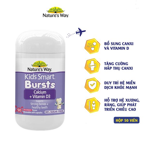 Kẹo dẻo bổ sung canxi D3 cho bé Nature’s Way Kids Smart Bursts Calcium + Vitamin D3 của Úc 50 viên