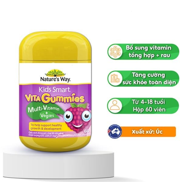 Kẹo dẻo bổ sung vitamin tổng hợp và rau củ cho bé Nature's Way Kids Smart Vita Gummies Multi-Vitamin + Vegies của Úc 60 viên