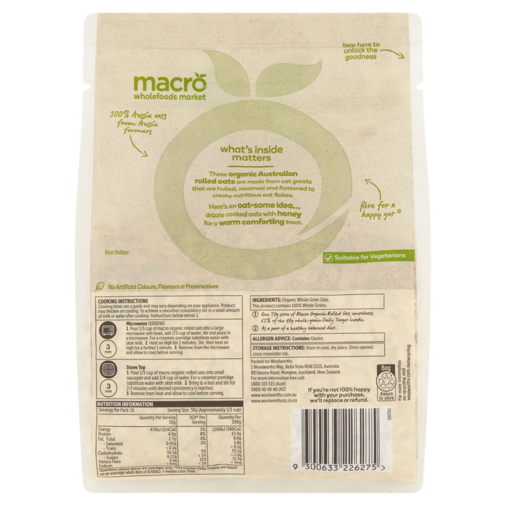 Yến mạch nguyên cám Organic Macro Úc - 500g