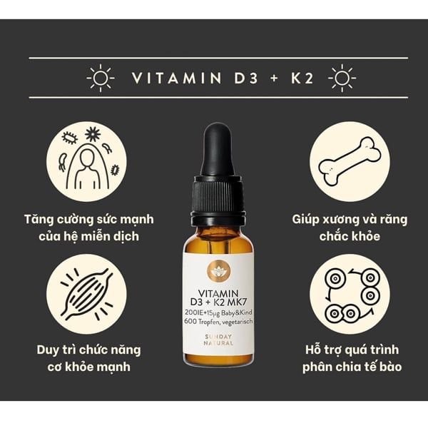 Vitamin hỗ trợ tăng chiều cao, chống còi xương cho bé Sunday Natural Vitamin D3 K2 MK7 200IE của Đức 20ml