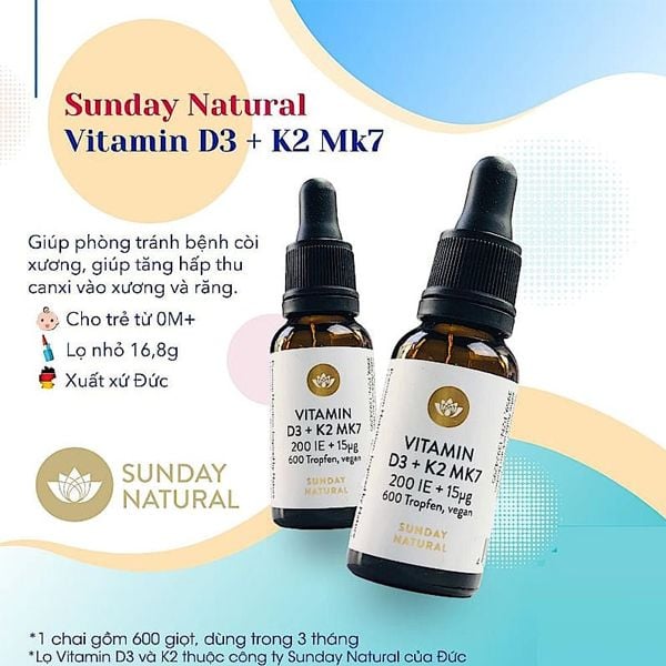 Vitamin hỗ trợ tăng chiều cao, chống còi xương cho bé Sunday Natural Vitamin D3 K2 MK7 200IE của Đức 20ml