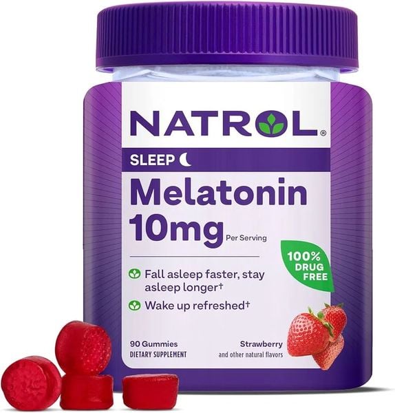 Kẹo dẻo vị dâu hỗ trợ ngủ ngon Natrol Melatonin 10mg Sleep của Mỹ 90 viên