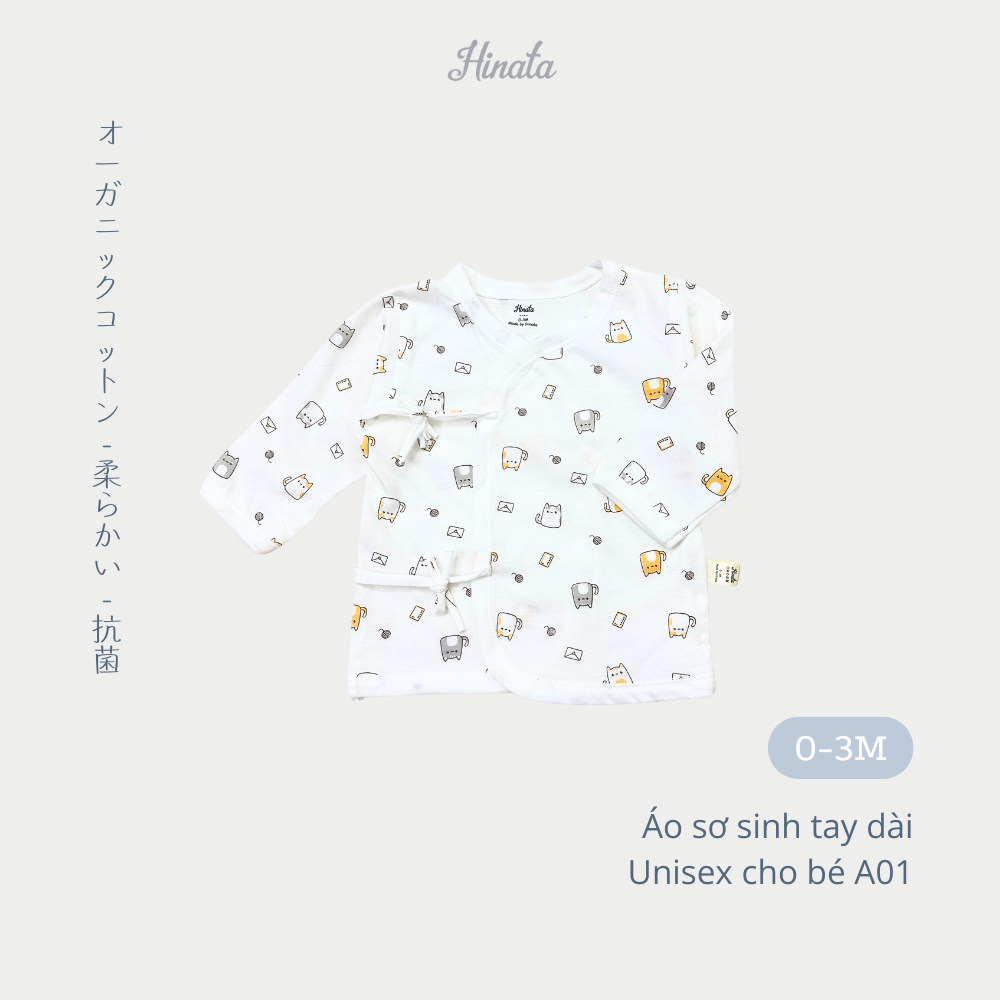  [01 Áo] Áo sơ sinh tay dài cài lệch chất cotton siêu mềm mịn Hinata A01 
