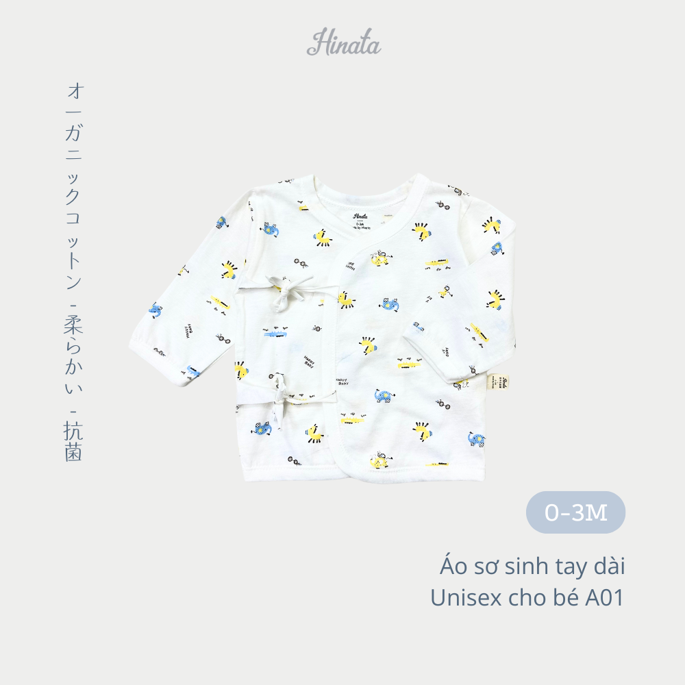  [01 Áo] Áo sơ sinh tay dài cài lệch chất cotton siêu mềm mịn Hinata A01 