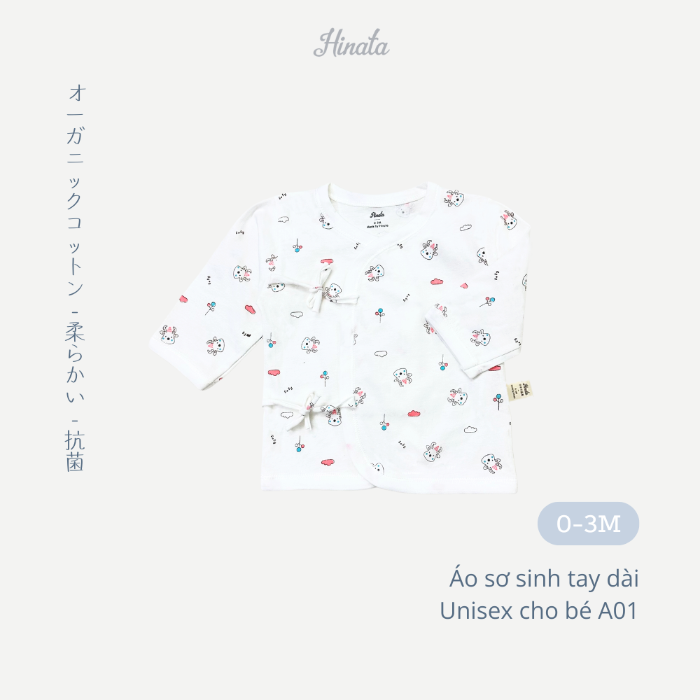  [01 Áo] Áo sơ sinh tay dài cài lệch chất cotton siêu mềm mịn Hinata A01 