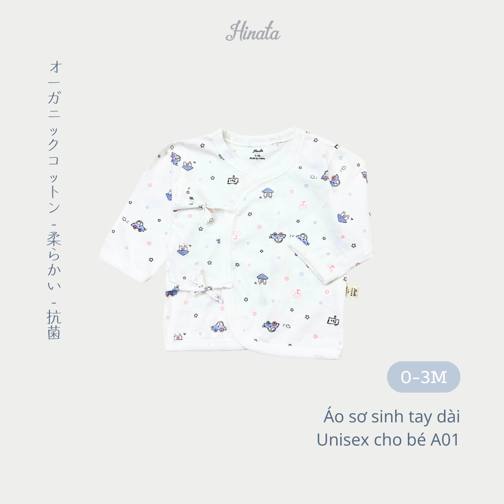  [01 Áo] Áo sơ sinh tay dài cài lệch chất cotton siêu mềm mịn Hinata A01 