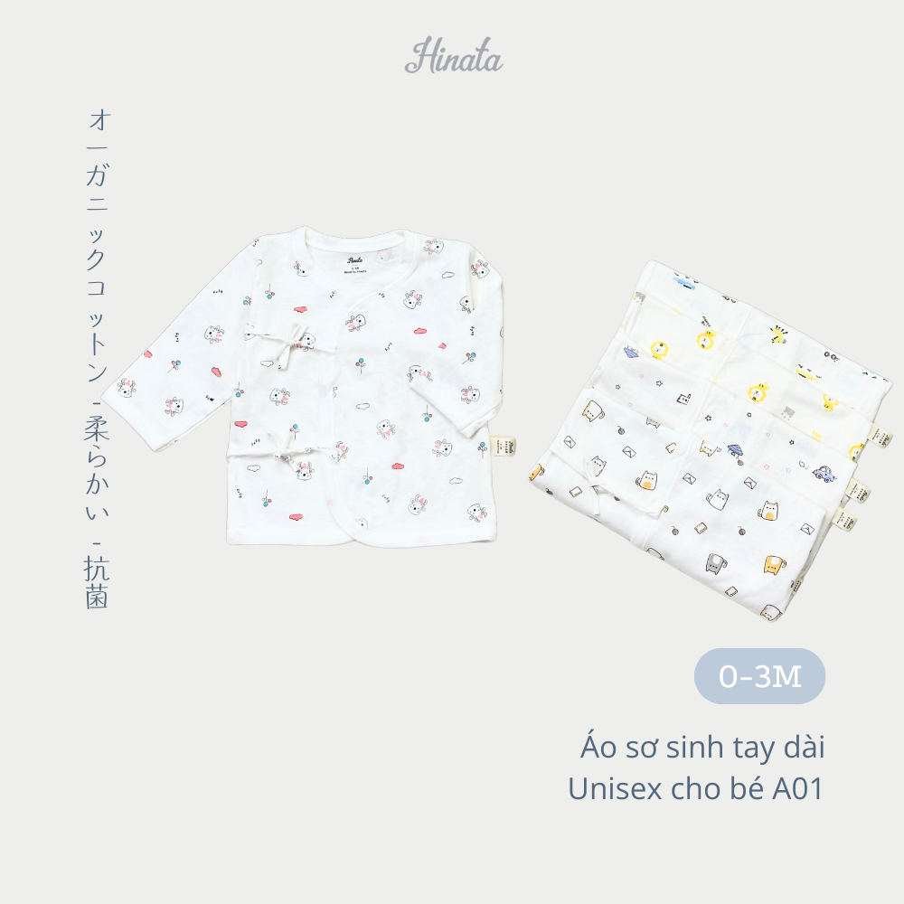  [01 Áo] Áo sơ sinh tay dài cài lệch chất cotton siêu mềm mịn Hinata A01 