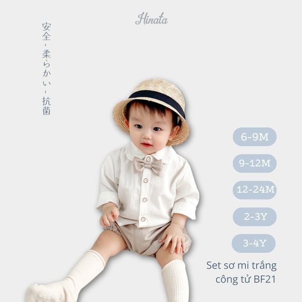  Set áo trắng quần ngắn phối nơ Hinata cho bé trai BF21 