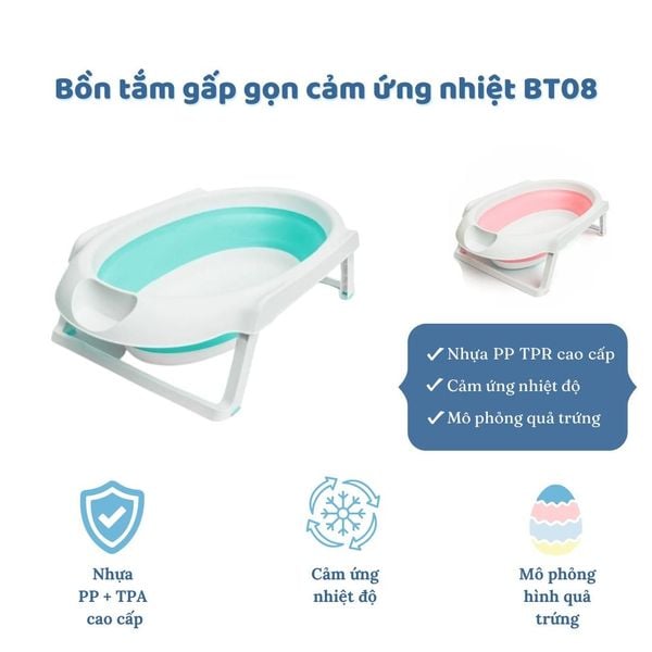  Bồn tắm trẻ em gấp gọn - Có cảm ứng nhiệt Hinata BT08 - Tặng kèm phao tắm 