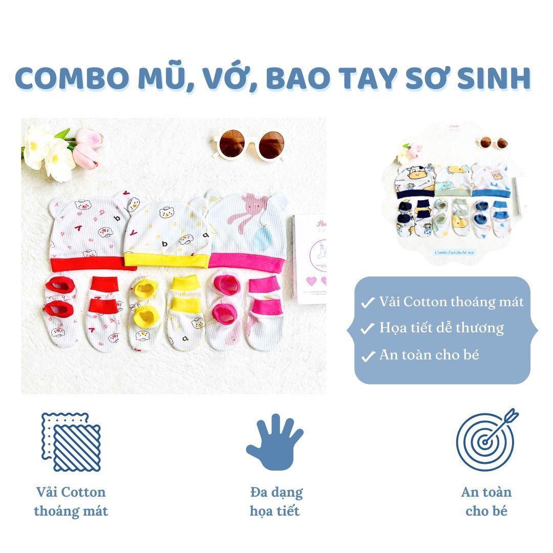  [03 Set]  Mũ, Vớ, Bao tay sơ sinh cho bé từ 0-6 tháng Hinata CB01 