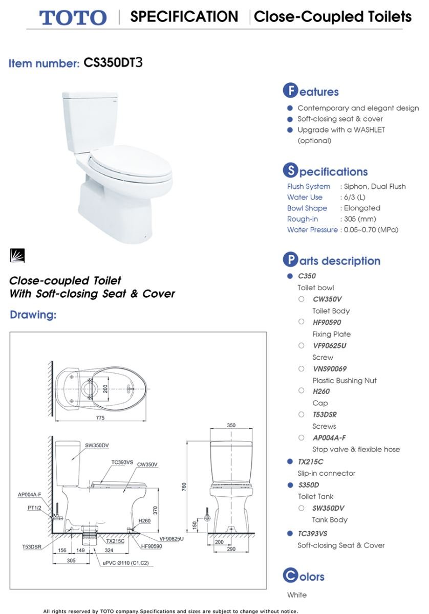 Bản vẽ kỹ thuật Bồn cầu TOTO 2 khối CS350DT3 Bản vẽ kỹ thuật Bồn cầu TOTO 2 khối CS350DT3