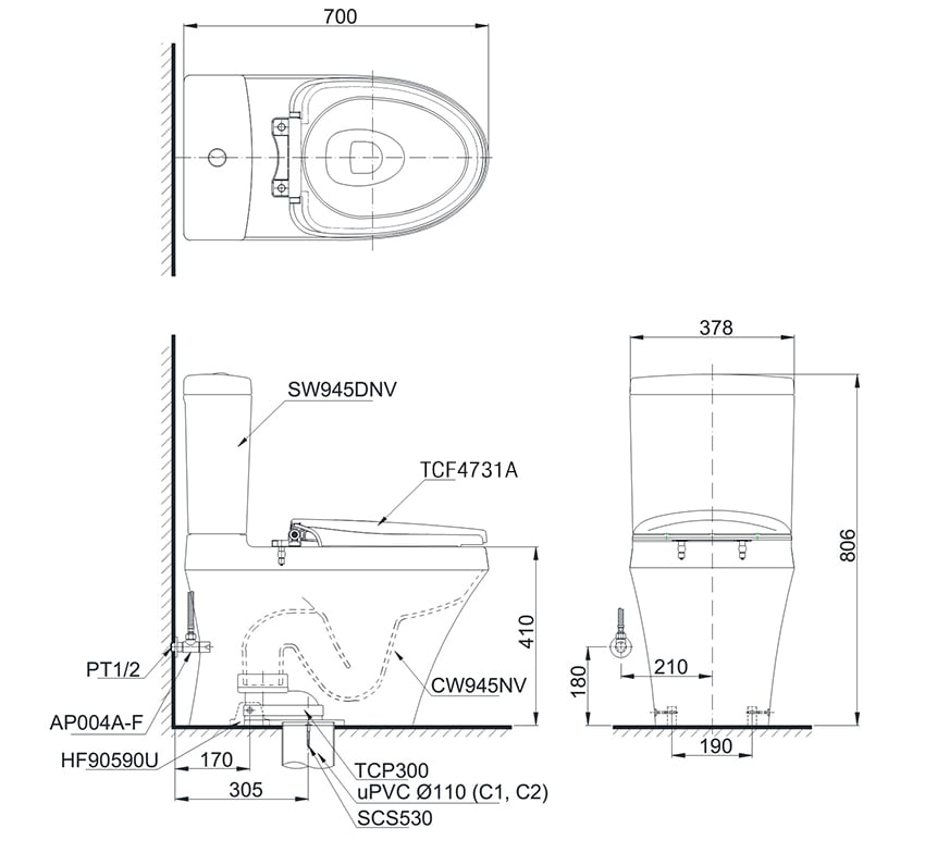 Bàn cầu TOTO nắp rửa WASHLET CS945DNW4 bản vẽ kỹ thuật