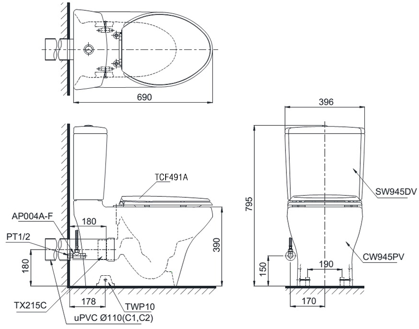 Bàn cầu TOTO nắp rửa WASHLET CS945PDW bản vẽ kỹ thuật