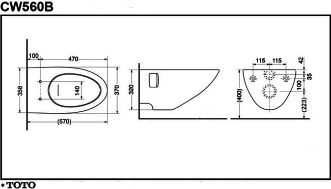 Bàn cầu TOTO treo tường CW560B bản vẽ kỹ thuật