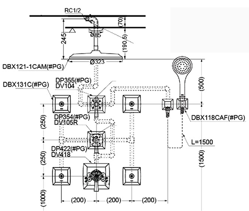 Bản vẽ kỹ thuật bộ sen tắm TOTO gắn tường DBX121-1CAM/DP355/DV104/DP354/DV105R/DP422/DV418/ DBX131C(x4)/DBX118FVG/DM721CAVG