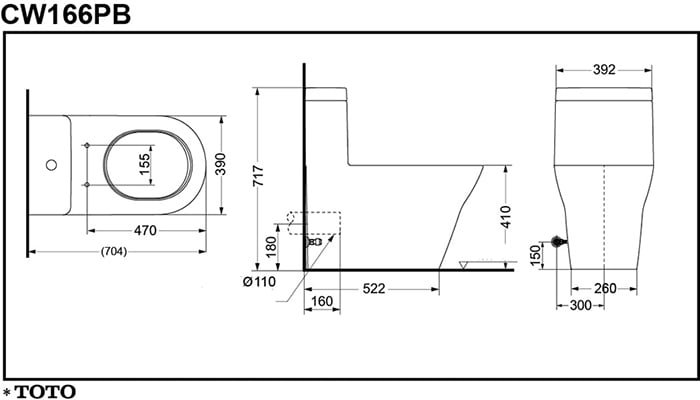 Bản vẽ kỹ thuật bồn cầu TOTOT một khối CW166PB