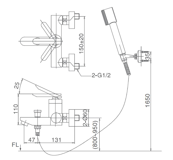 Bản vễ lắp đặt vòi rửa và sen tắm Inax BFV-4000S-5C