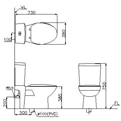 Bản vẽ kỹ thuật bồn cầu 2 khối caesar CD1340