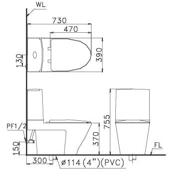 Bản vẽ kỹ thuật Bồn cầu Caesar 2 khối CD1345