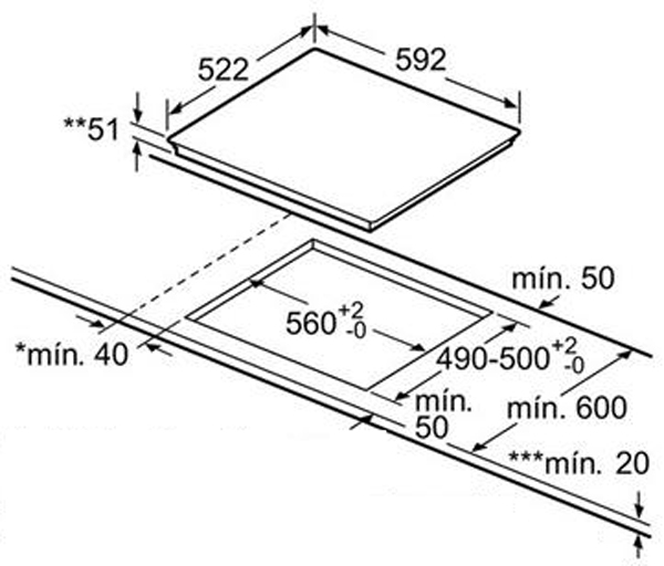 Bản vẽ các thông số kỹ thuật, lắp đặt bếp từ Bosch PIL631B18E Bản vẽ các thông số kỹ thuật, lắp đặt bếp từ Bosch PIL631B18E