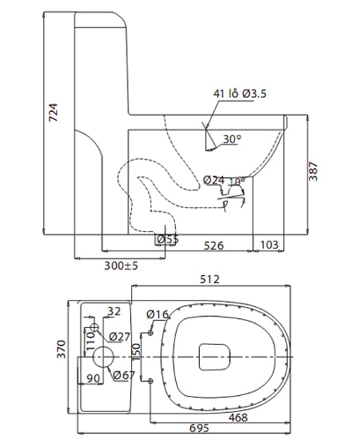 Bản vẽ kỹ thuật Bồn cầu 1 khối Viglacera V41 Bản vẽ kỹ thuật Bồn cầu 1 khối Viglacera V41