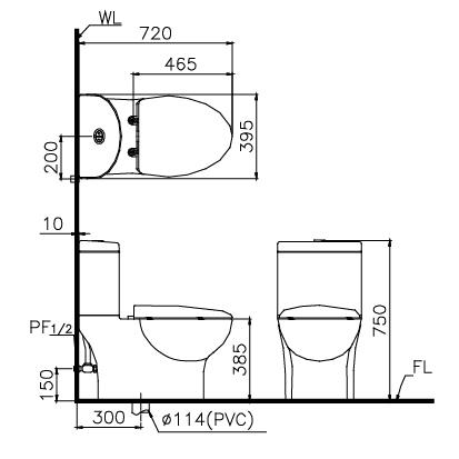 Bản vẽ kỹ thuật Bồn cầu Caesar 2 khối CD1349