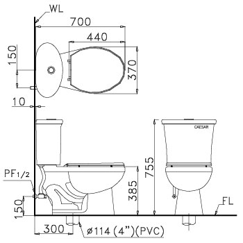 Bản vẽ kỹ thuật Bồn cầu 2 khối Caesar CT1328