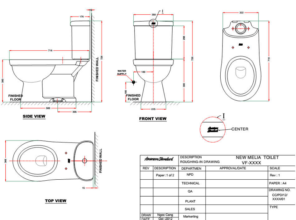 Bản vẽ kỹ thuật bồn cầu American Standard 2 khối VF-2013 