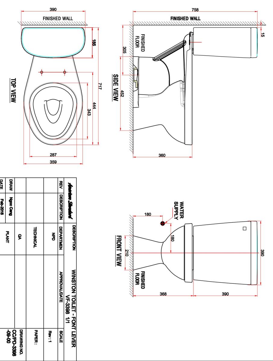 Bản vẽ kỹ thuật của bồn cầu American Standard 2 khối VF-2398