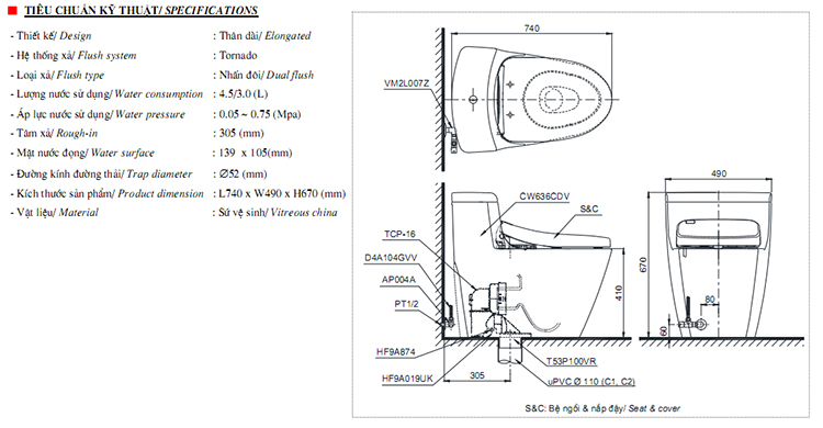 Bản vẽ kỹ thuật bồn cầu TOTO một khối MS636CDW10