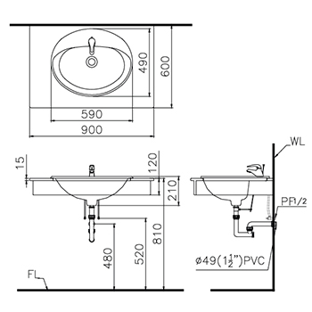Bản vẽ kỹ thuật Chậu rửa mặt Caesar đặt bàn L5020S Bản vẽ kỹ thuật Chậu rửa mặt Caesar đặt bàn L5020S