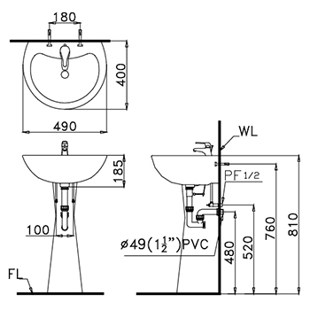 Bản vẽ kỹ thuật Chậu rửa và chân đứng Caesar L2150+P2440