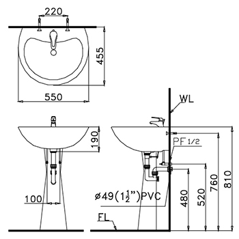 Bản vẽ kỹ thuật Chậu rửa mặt và chân đứng Caesar L2155+P2440