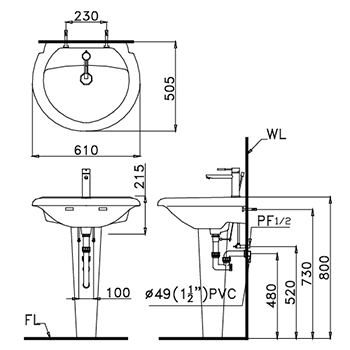 Bản vẽ kỹ thuật Chậu rửa mặt và chân đứng Caesar L2360+P2437