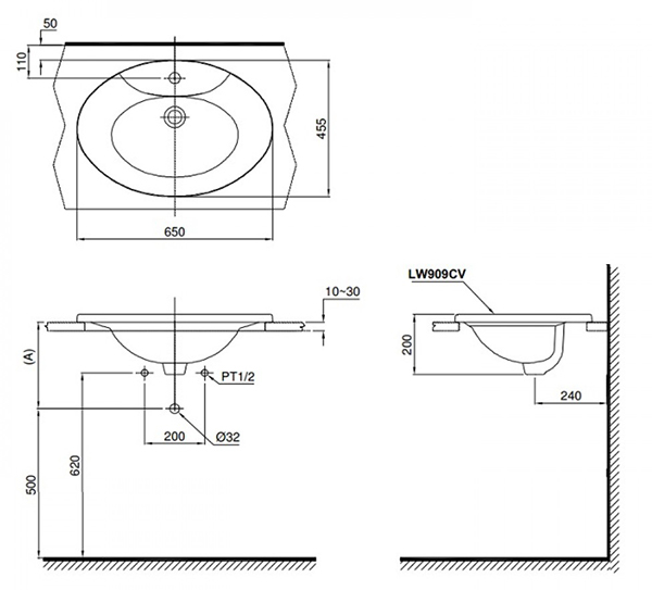 Bản vẽ kỹ thuật chậu đặt dương vành TOTO L909C